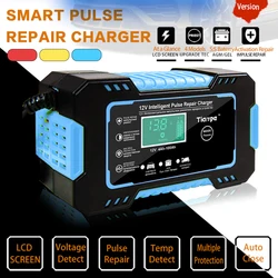 Cargador de batería automático para coches, cargador de energía para reparación, en húmedo y seco con ácido de plomo, con opción de 12V 24V y 8A, pantalla LCD incluida