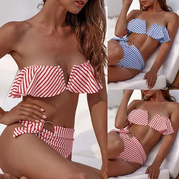 

Women's Sexy Srtiped Print Tank Top Two-piece Wavy Edge Zipper Bikini Swimsuit Купальник Купальник Женский Bikini Swimwear Women