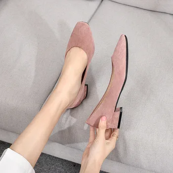 

Square Heel Square Toe Low High Heel Big Size Casual Flock Rubber Shallow Slip-on Basic Pumps Women New Spring Shoes H0001