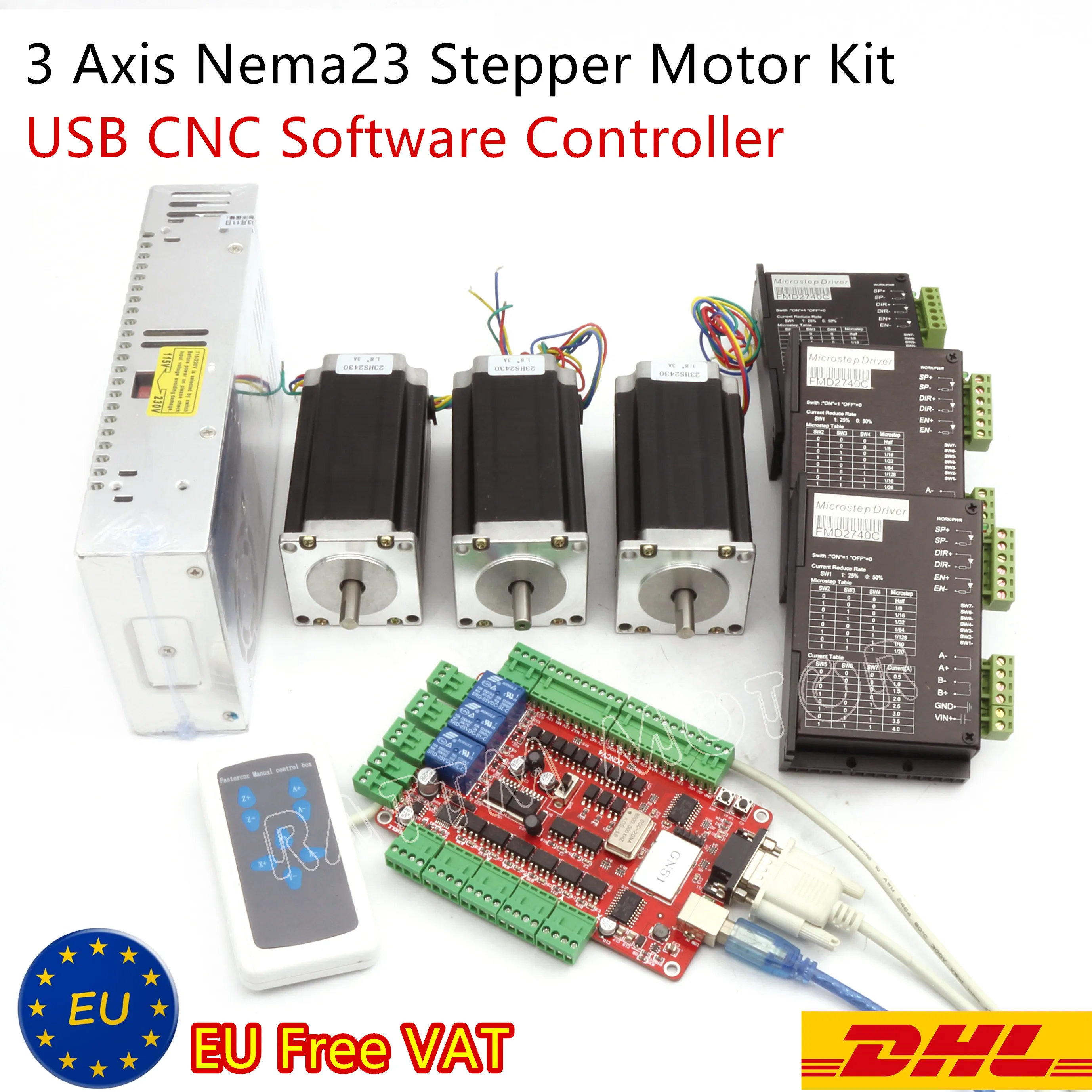 [ЕС Free VAT】 3-осевой USB-драйвер Nema 23 шаговый двигатель с двумя валами 425oz-in 3A и