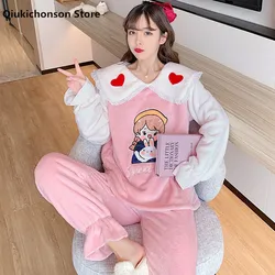 Autumn Winter Pajamas Women Coral Fleece Velvet Pijama Cute Lace Frill Stitch Red Hearts Peter Pan Collar Print Sleepwear Sets