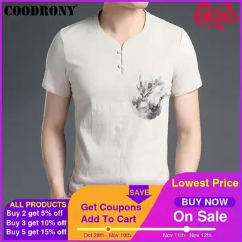 

COODRONY T Shirt Men Cotton Linen Short Sleeve T-Shirt Men 2019 Summer Chinese Style Painted Henry Collar Tee Shirt Homme S95028