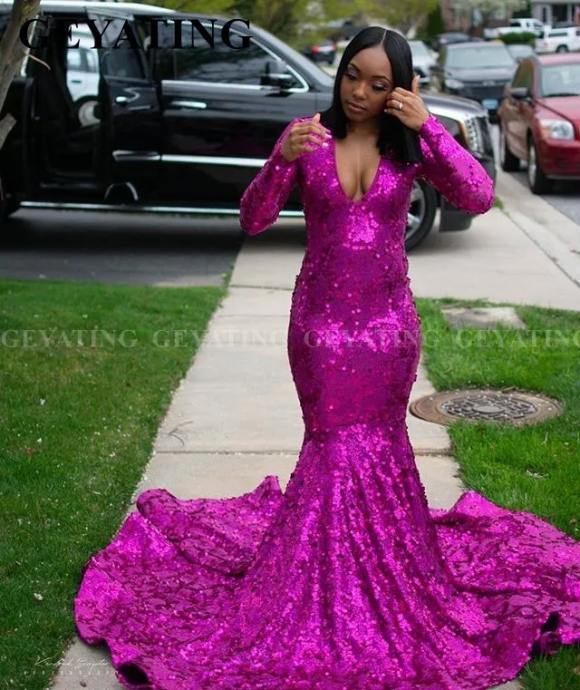 Sparkly Hot Pink Fuchsia Mermaid Lange Mouwen Prom Jurken voor Zwarte Meisjes Plus Size Afrikaanse Lange Trein Graduation Formele Jurk Sparkly Hot Pink Fuchsia Mermaid Lange Mouwen Prom Jurken voor Zwarte Meisjes Plus Size Afrikaanse Lange Trein Graduation Formele Jurk