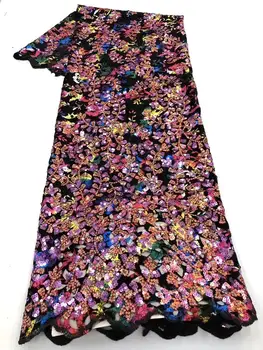 

Heavy French Net Lace Fabric 2020 Latest African Multicolor Glittery Sequins Embroidery Velvet Sequins Lace Fabric Party Dress