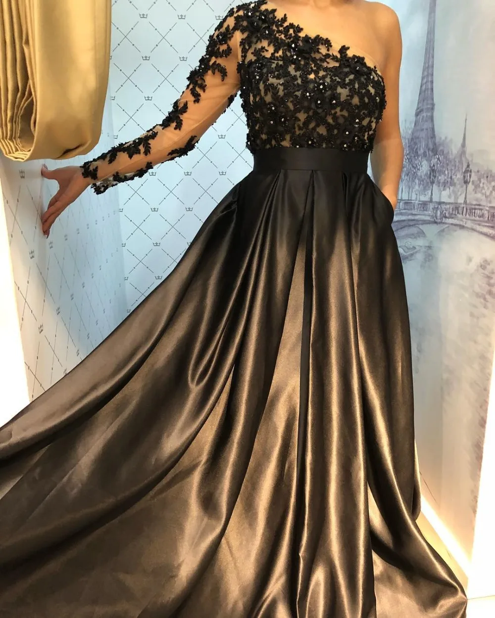 New Arrival Arabic Black Evening Dresses Dubai One Shoulder Lace Evening Gowns Long Dresses Evening Formal Dress For Women