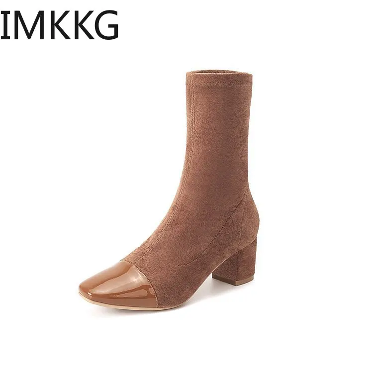 Botas mujer invierno/ г.; новые флоковые ботинки; женские модные ботинки на квадратном каблуке; сезон осень-зима; botte femme; A00349