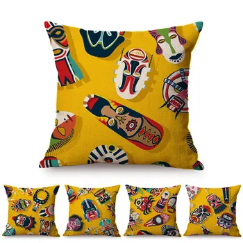 

Yellow Cartoon Africa Tribal Mask Design Sofa Throw Pillow Case African Nation Culture Art Cotton Linen Decorative Cushion Cover