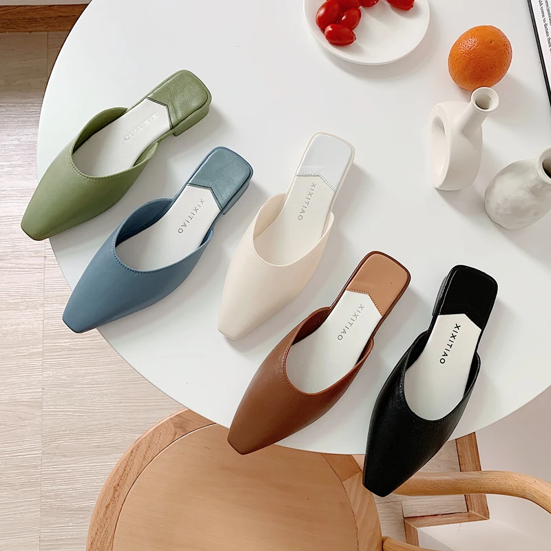 

Fashion Pointed Toe Mules Women Summer Slippers Candy Color Flats Slip-on Holiday Ladies Sandals Slides PU Women Shoes