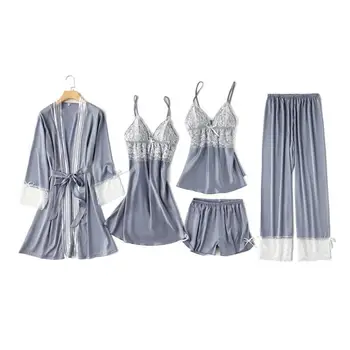 

Women 5PCS Bride Wedding Robe Set Casual Homewear Sleep Set Nightwear Intimate Lingerie Satin Sexy Home Clothing Sleepwear