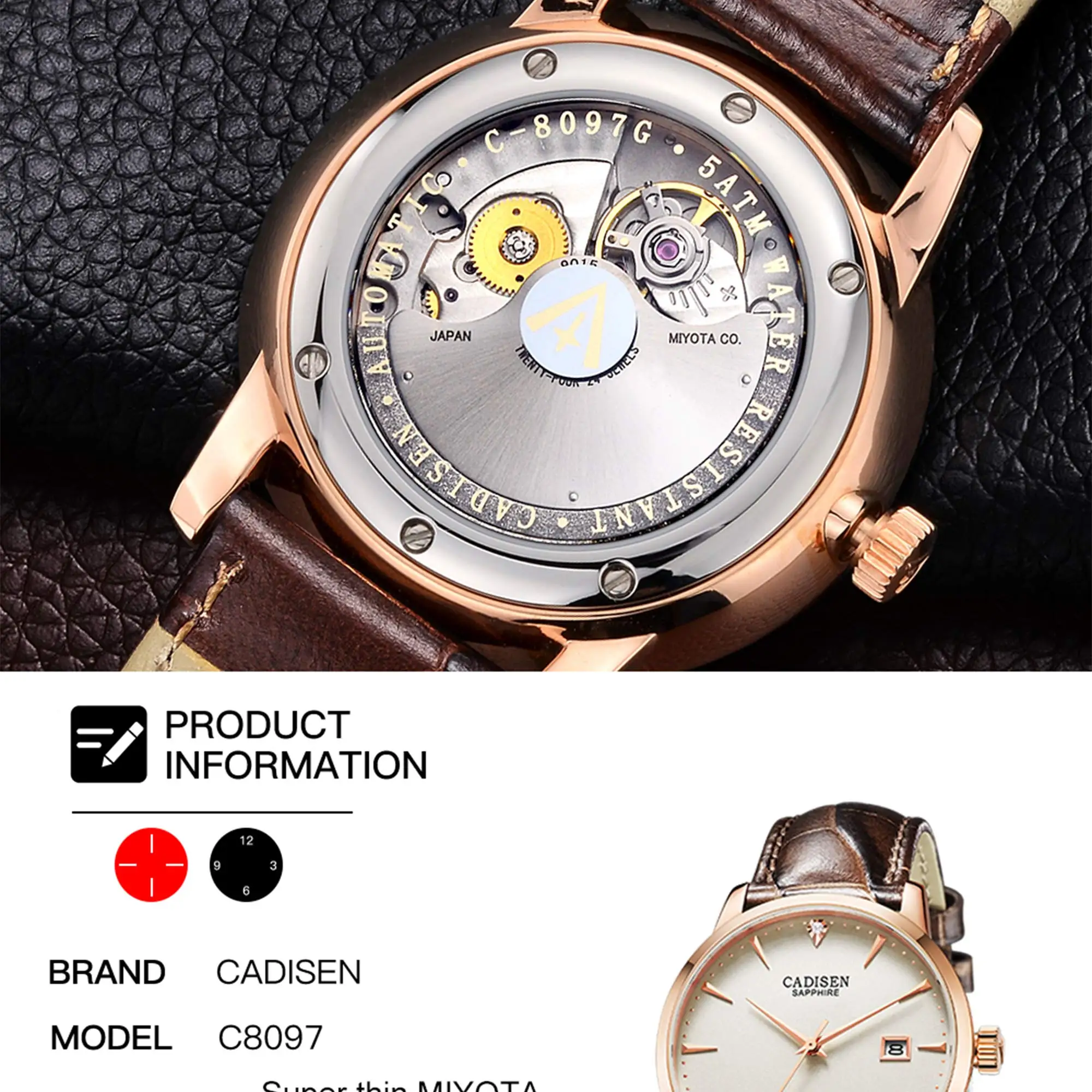 CADISEN механические часы Лидирующий бренд модные автоматические часы мужские MIYOTA 9015 Move Мужские t водонепроницаемые сапфировые из натуральной кожи с бриллиантами