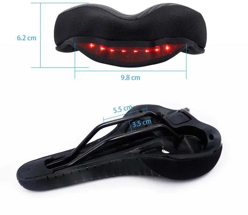 Bicycle Saddle W/ 8 LED Taillight Shock Absorption Gel Intensity Foam Seat PU Leather Comfy Durable Use MTB Road Seat
