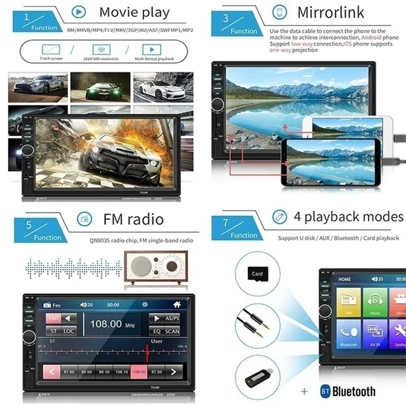 2Din 7 ''HD сенсорный экран автомобильный стерео Bluetooth мультимедийный плеер встроенный авторадио FM AUX USB SD IOS/Android зеркальная ссылка