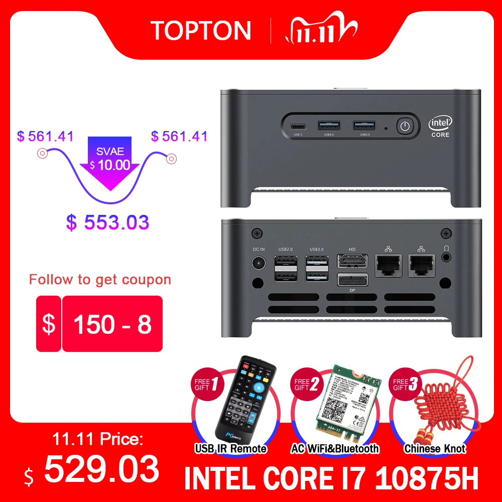 Настольный компьютер 10 поколения NUC Intel i9 10880H 10885H 8Core Windows Pro 2 * Lan DDR4 M.2 NVME DP HDMI Type C