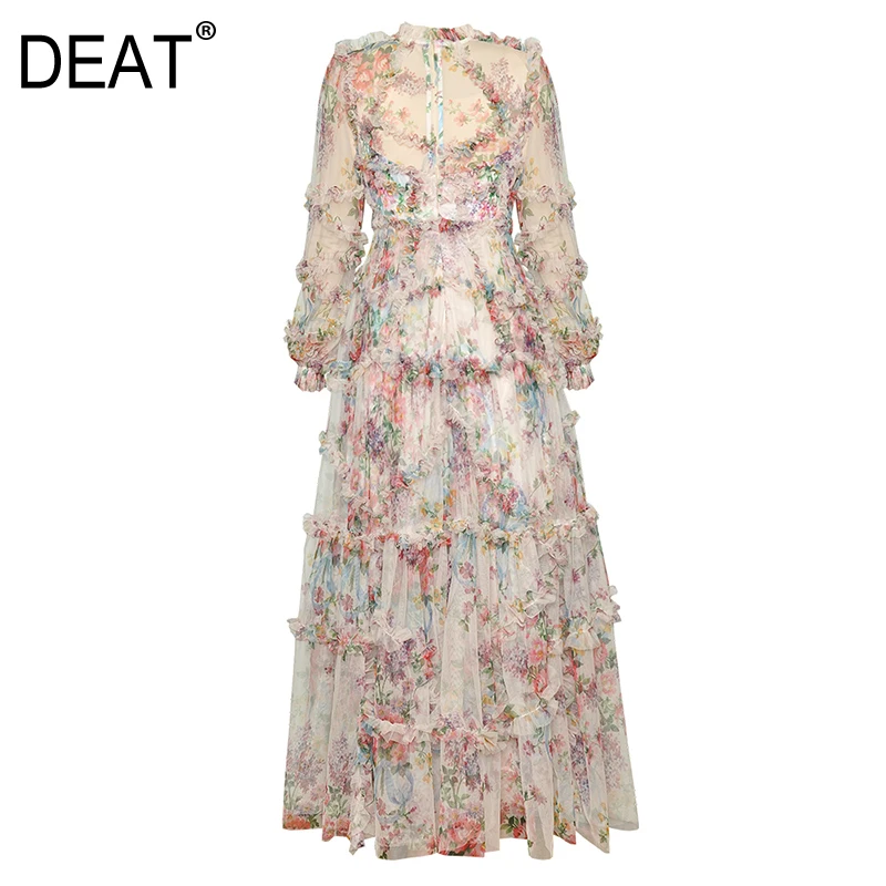 DEAT Women Lace Print Ruffles Cake Dress MultiColor Fresh Stand Neck Long Lantern Sleeve Beach Style 2022 New Autumn 15HT381 | Женская