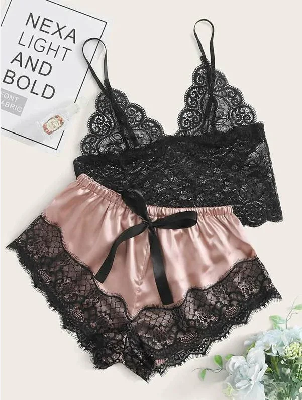 

1 Set Womens Lace Sleepwear Lingerie Tops Shorts Set Babydoll Pajamas Women Nightwear