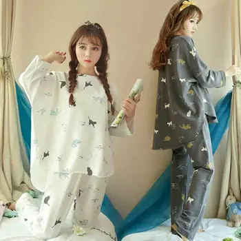

Spring and Summer Long Sleeve color cat Printed Pajamas Women's Home wear Set Comfortable Casual Pajamas