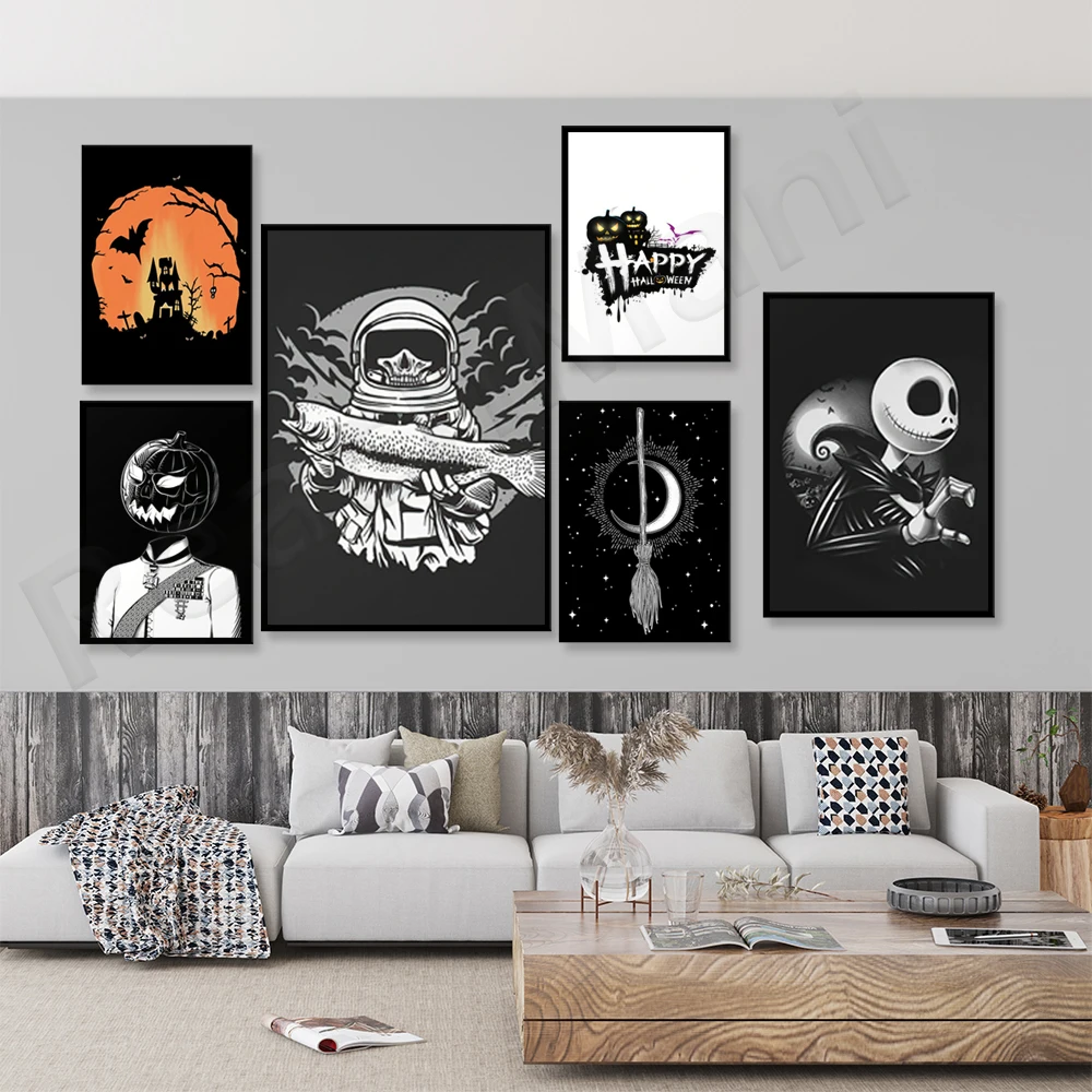 

Witch wall art, halloween wall art decoration, black and orange decoration, skull prints, ghost decoration halloween poster