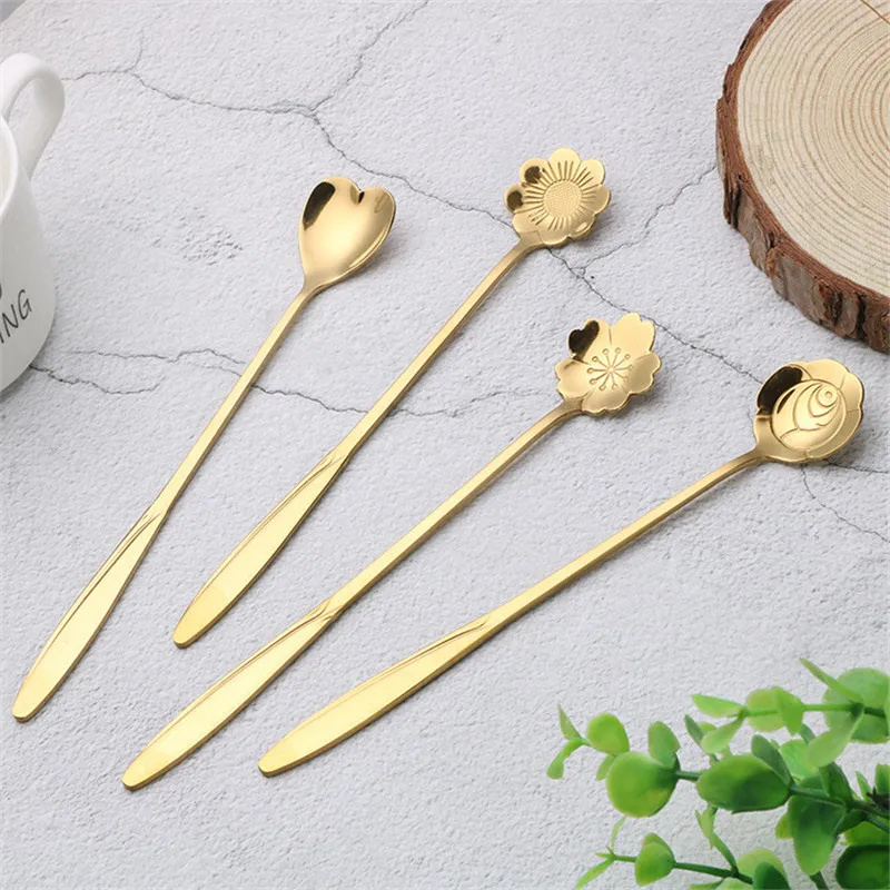 

1PC 17.5cm Stainless Steel Flower Spoon With Long Handle Golden Creative Cherry Blossoms Cosmos Heart Rose Dessert Coffee Spoons
