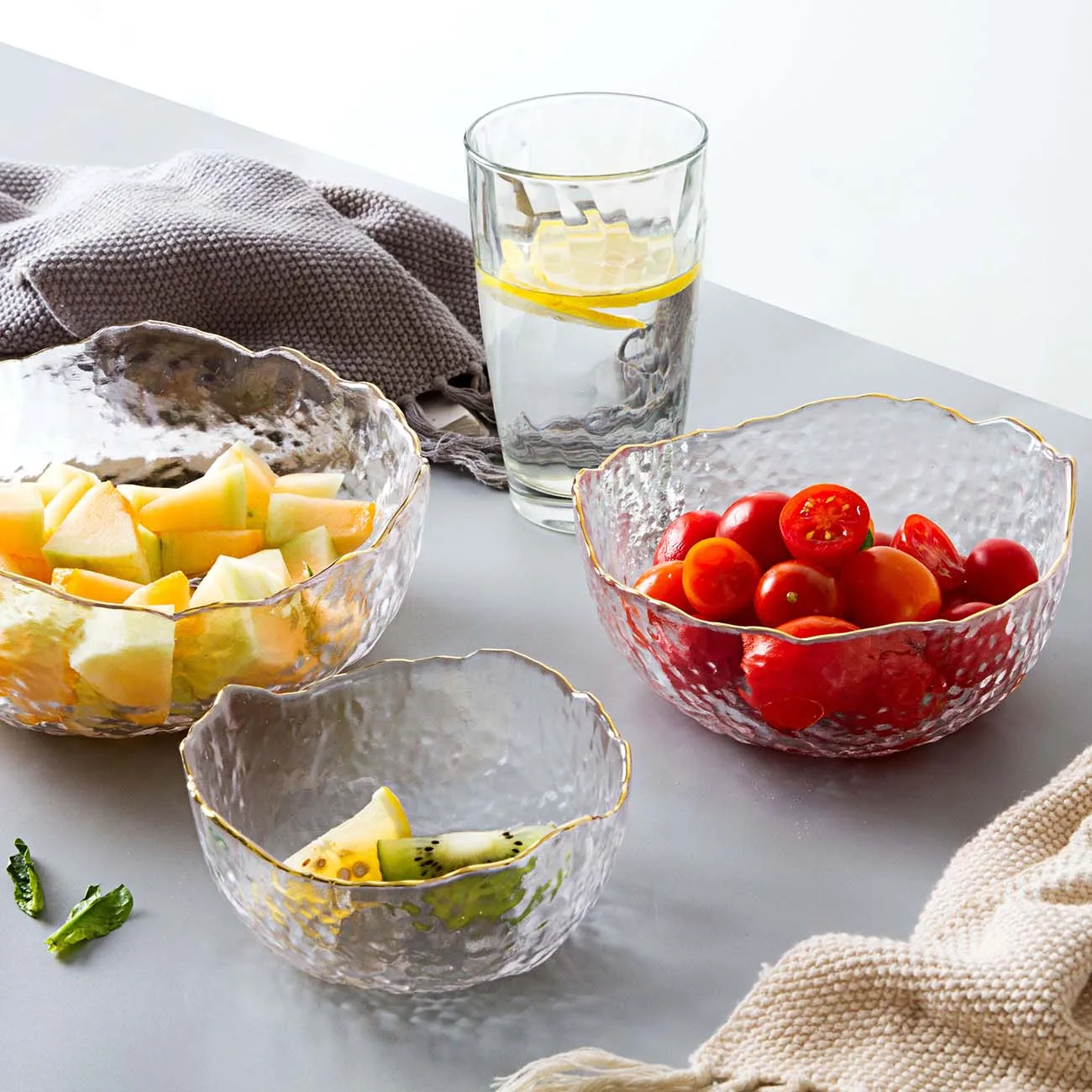 

3 Size Gold Glass Transparent Salad Bowl Household Tableware Student Noodle Soup Dessert Fruit Bowl Clear Serving Mixing Bowl