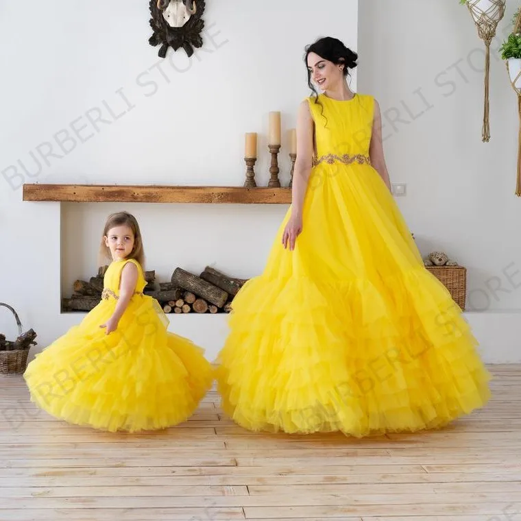 Mother & Kid Yellow Tulle Puffy Dress Ruffled