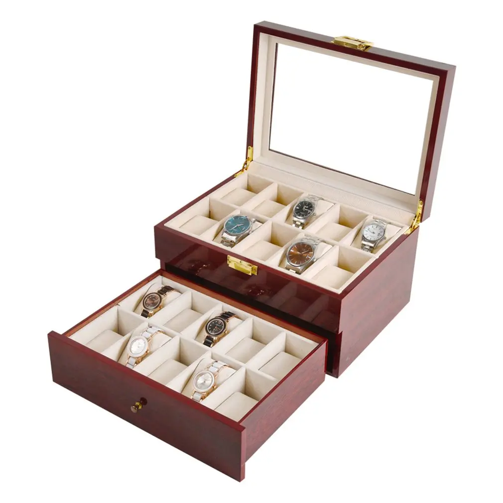 Роскошные 20 сетки твердые красные деревянные часы коробка ювелирных изделий Дисплей Органайзер чехол для часов солнцезащитные очки коробка для хранения Caja Reloj