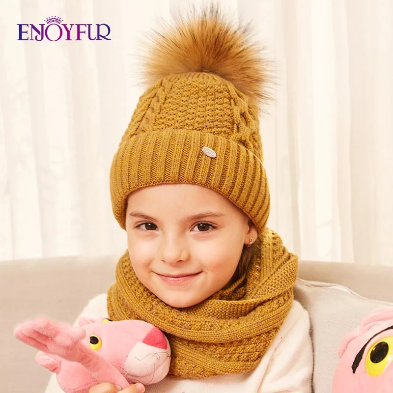 ENJOYFUR winter hat and scarf set for girls high quality Cotton knitted soft hat girl thick boy caps children warm set