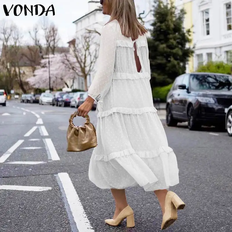 VONDA/модное осеннее платье, повседневные однотонные платья макси с длинными рукавами и круглым вырезом, женские кружевные богемные платья для беременных