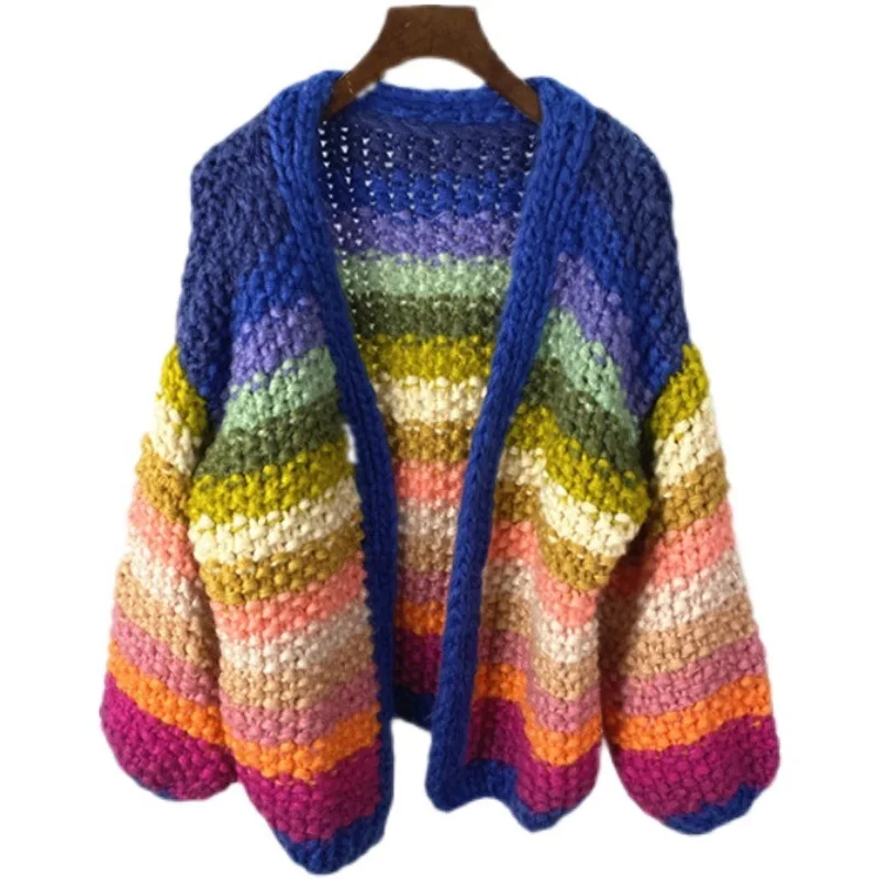 Autunno inverno fatto a mano arcobaleno a righe Cardigan all