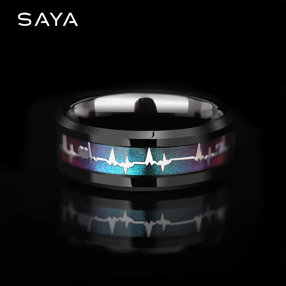 

Black Tungsten Carbide Wedding Rings 8mm Width for Party Inlay Heart Beating Pattern Couple Rings, Free Shipping, Customized