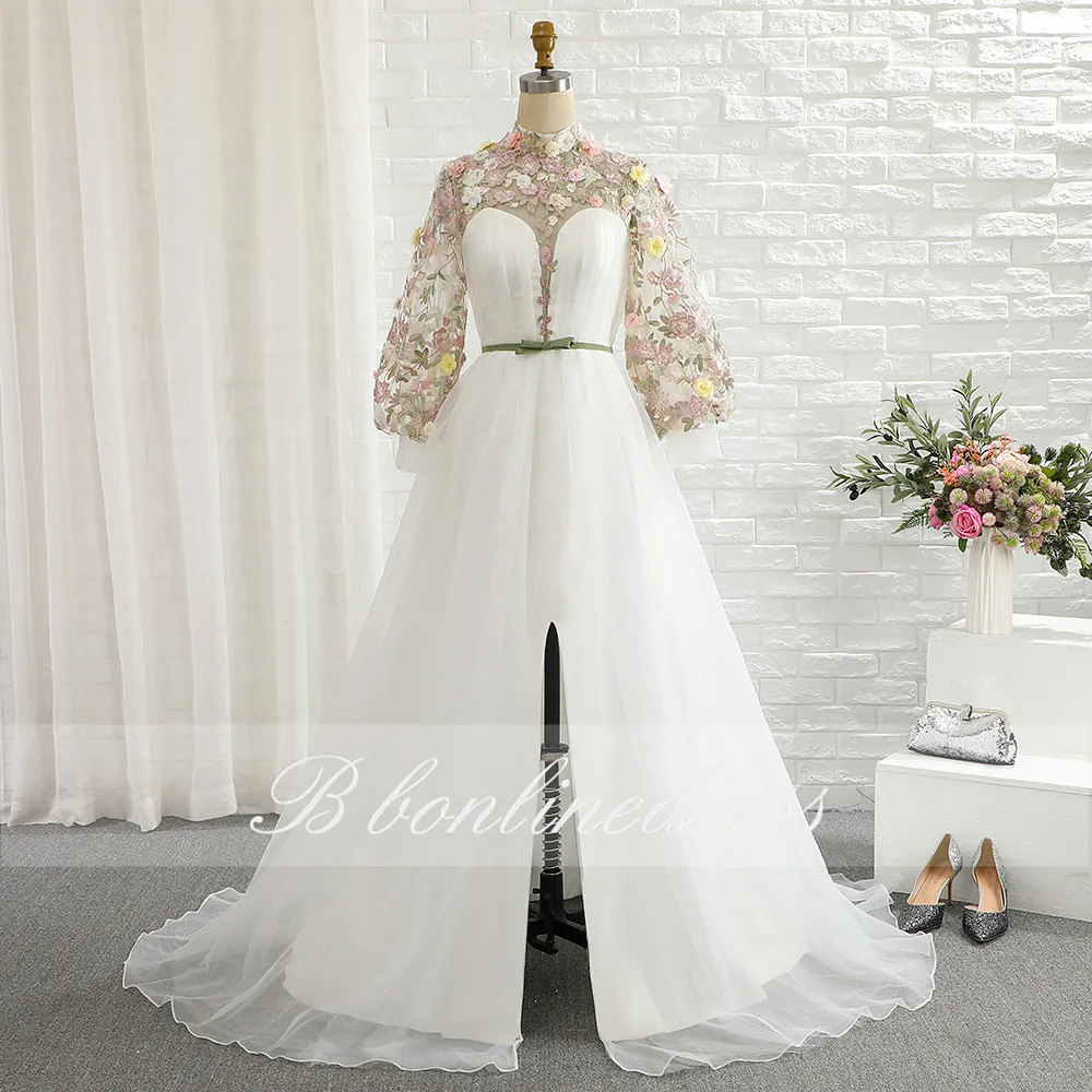 

vestidos White Prom Dresses 2020 High Collar Long Evening Dress 3D Flower Split Formal Party Gowns robe de soiree Plus Size