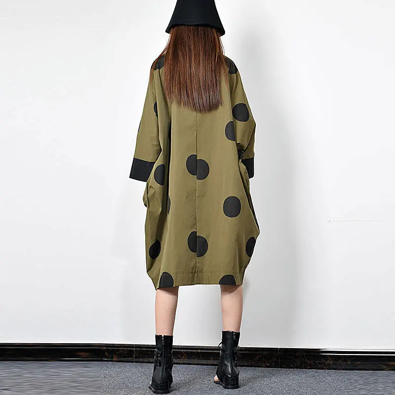 XITAO Dot Patchwork Casual Trench Women Winter Korean Fashion Tide Single Breasted Turn Down Collar Bat Sleeve Coat GCC1781