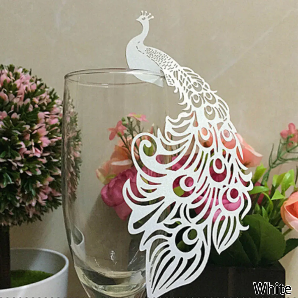 WT Peacock Laser Cut Wine Glass Card Name Place Escort Cup Cards Wedding Baby Shower Birthday Party Christmas Decorations - Цвет: WT
