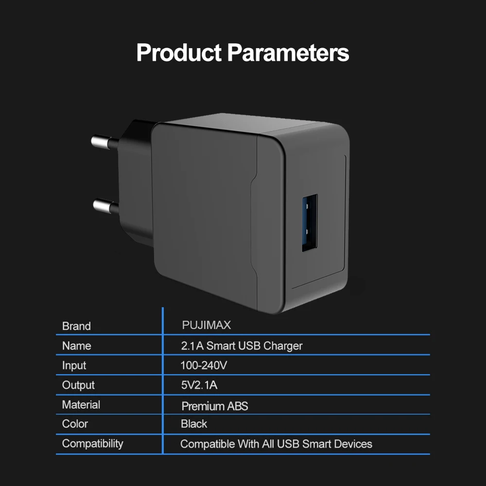 PUJIMAX USB зарядное устройство адаптер 1 порт для iPhone 5V 2.1A настенное/дорожное
