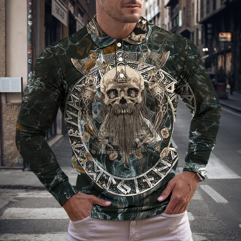 

Autumn Winter Men's Polo Long Sleeve Lapel Button 3D Print Horror Skull Mature Man Top Pullover Jogging Casual Hip Hop Style