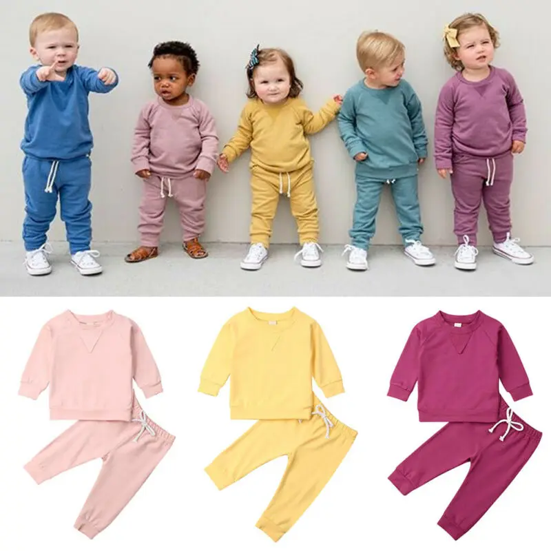 Коллекция года, весенне-осенняя одежда для малышей Одноцветный спортивный костюм унисекс для маленьких мальчиков и девочек топ с длинными рукавами+ штаны, одежда комплект из 2 предметов, От 6 месяцев до 4 лет