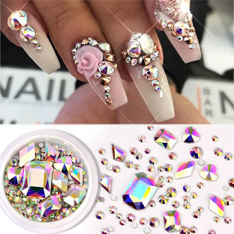 

1 Box Acrylic Crystal Nail Rhinestones Mixed Color Shiny Stone Gems 3D DIY AB Flat Back Studs Nail Art Decorations Accessories