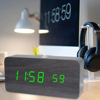 

LED Wooden Alarm Clock Voice Control Digital Wood Desktop USB Powered Clocks Table Decor