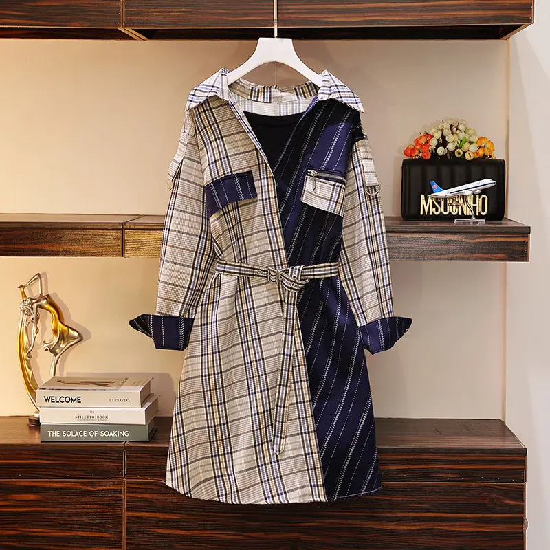 

Large size women's 2020 Autumn New Korean stitching fashion Plaid long sleeve dress tide