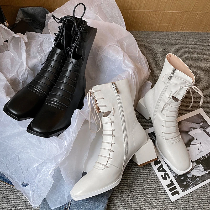 INS HOT Women ankle boots natural leather 22-25.5CM Square toe Outdoor fashion leisure shoes Hollow Wearable in all seasons