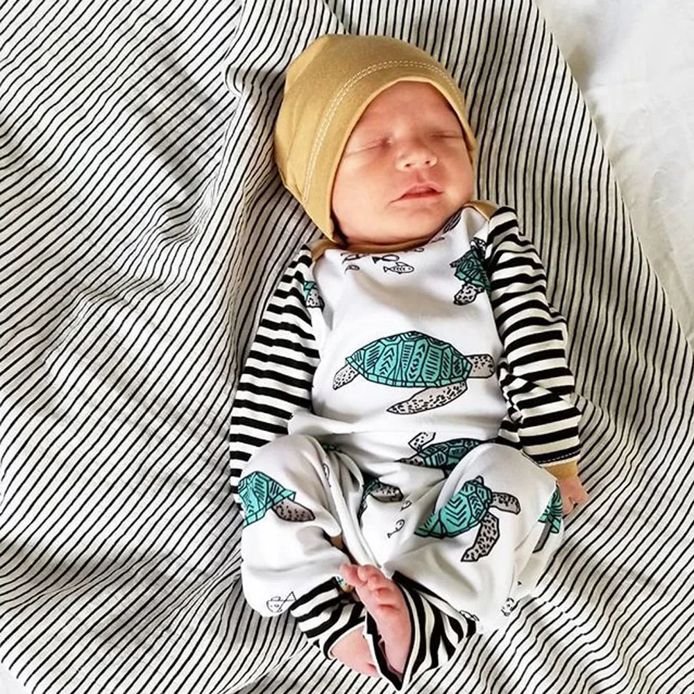

Infant Baby Boy Girl Jumpsuits Clothes Long Sleeve Tortoise Striped Patchwork Romper With Hat Newborn Outfit Set Neonato #LR5