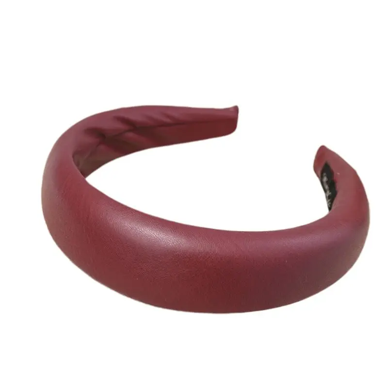 Korean Vintage Faux Leather Cloth Wrapped Headband Thicken Padded Wide Hair Hoop Women Non Skid Solid 2