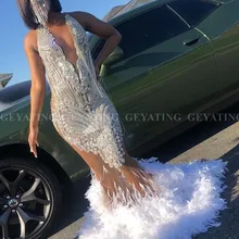 Роскошное белое платье для выпускного вечера с серебряными кристаллами и перьями для черных девушек, сексуальное длинное платье для выпускного, вечернее платье с v-образным вырезом в африканском стиле