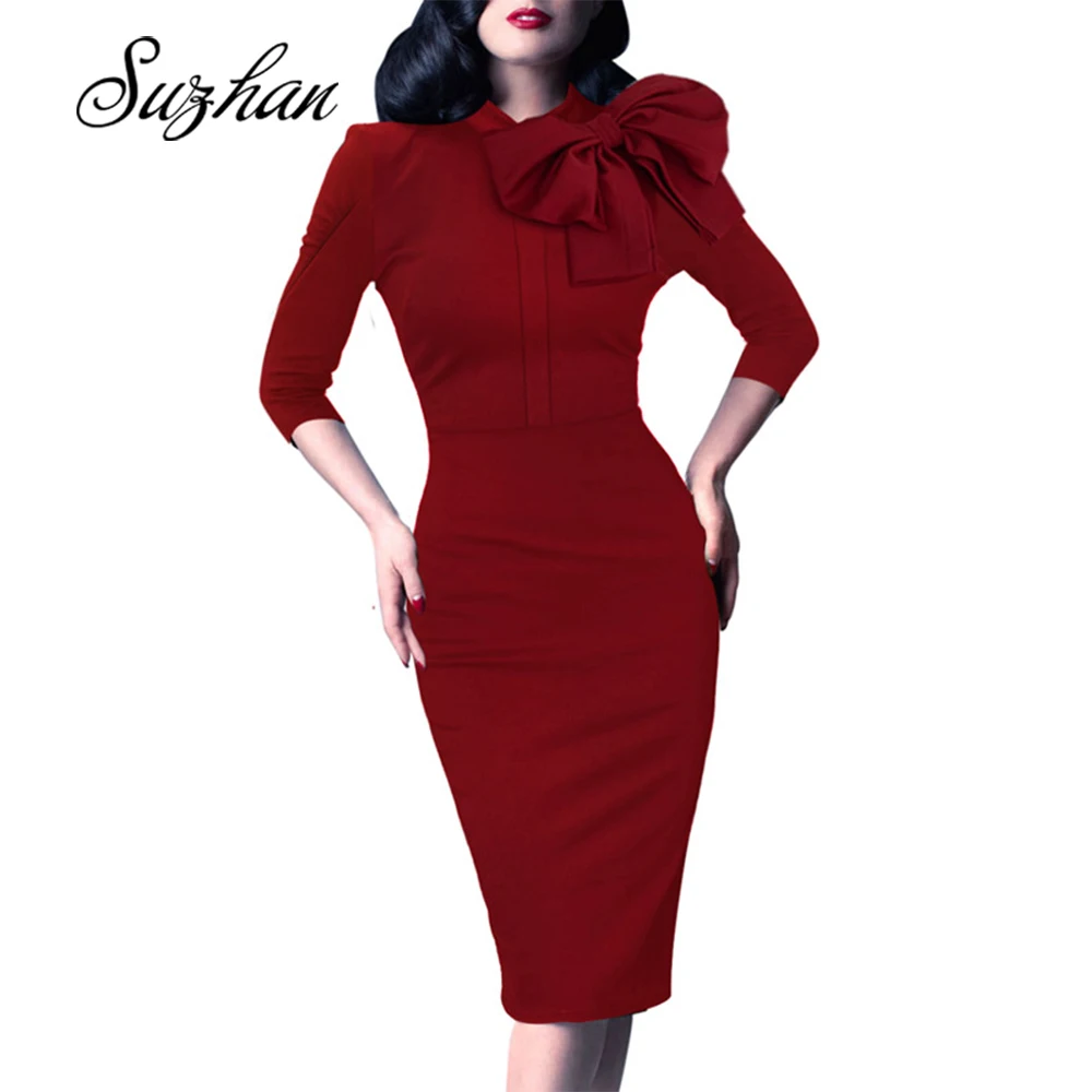 Suzhan 2019 осенние модные женские офисные платья с баской платье карандаш рукавом