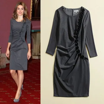 

The Duke and Duchess of Cambridge Same 18 Autumn Women's Crew Neck Long Sleeves Gray mu er bian Slim Fit Midi Dress