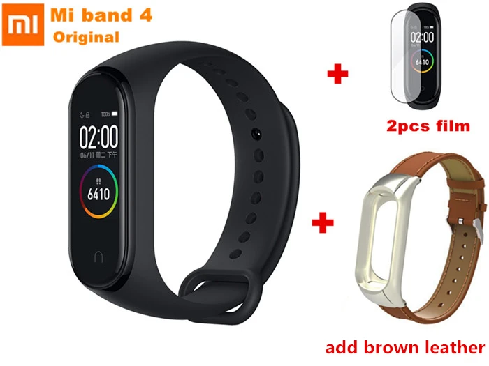 add brown leather 1 Xiaomi mi-браслет 4 Bluetooth 5,0, умный браслет, фитнес-трекер, браслет AMOLED с цветным экраном, AI, пульсометр mi Band 4 - Цвет: add brown leather 1