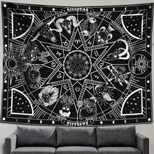 Tapiz de pared de Luna solar, tapiz de pared de estrellas colgantes, espacio psicodélico, negro y blanco, tapiz de pared para dormitorio, decoración de pared del hogar