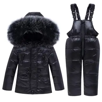 

Winter Children Clothing Sets Warm Baby Boys Thick Snowsuits Ski Suits Natural Fur Kids Down Jackets Outerwear + jumpsuit Pants