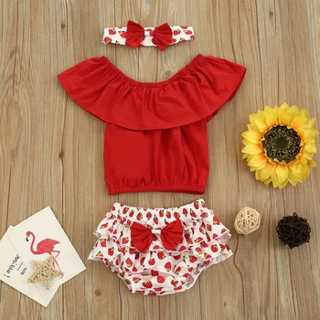 

Baby Girl's Sets Cute Strawberry Printed Pants Bow T Shirt Summer 2020