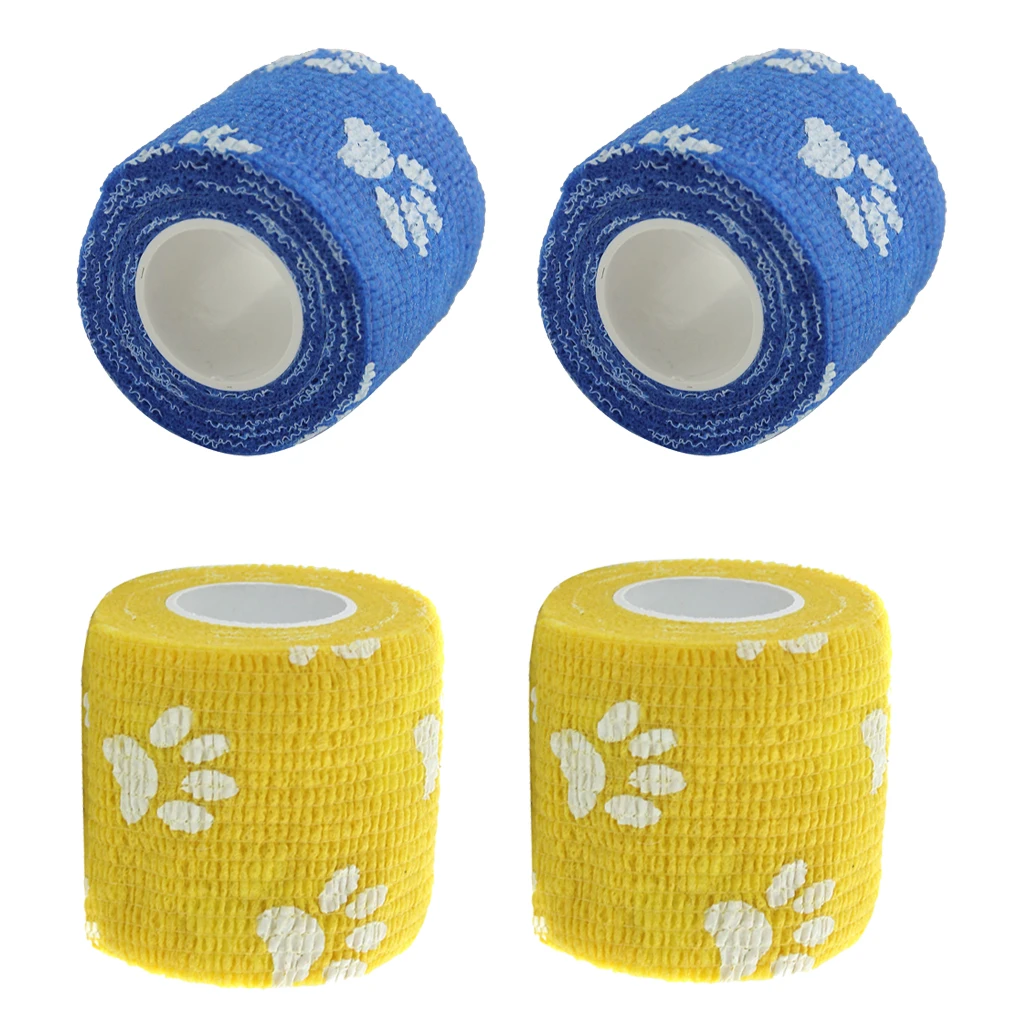 4 Rolls Cat Dog Pet Cohesive Bandage Gauze Tape Claw Print Yellow + Blue