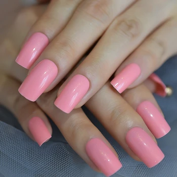 

Shimmer Pink Fake Nails Faux Ongles UV False Nails Full Cover Medium Square Press on Artificial Nail Art Manicure Accessories
